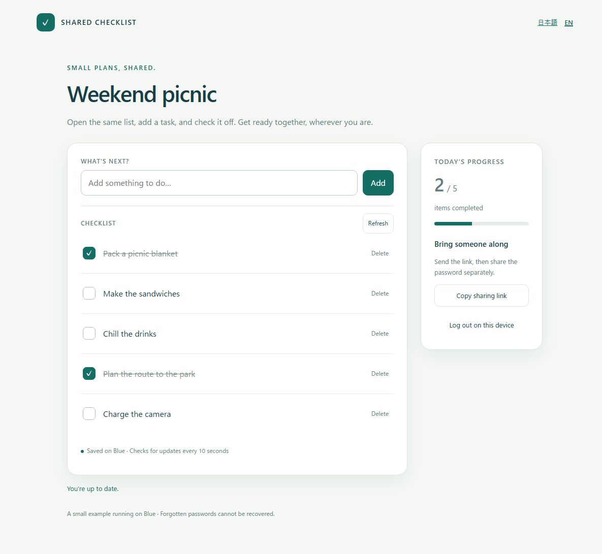A shared checklist running on Blue, with picnic preparation items and a completed-item count